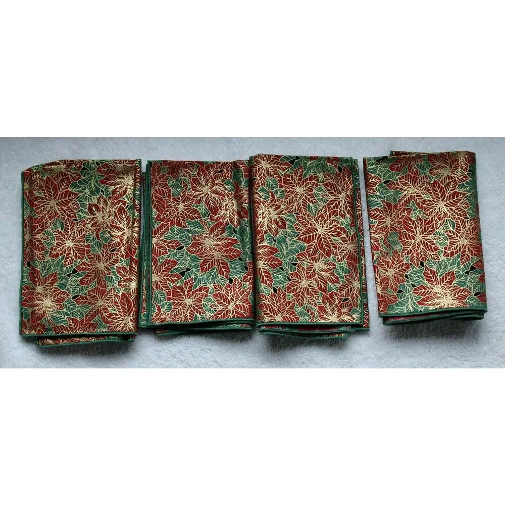 Set of 4 Christmas Poinsettia Cloth Napkins Red Green Gold Holiday Table Linen